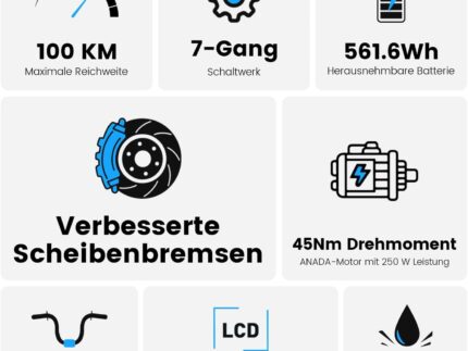 Elektrofahrrad 27,5 Zoll, Motor 250 W, Akku 36 V 15,6 Ah abnehmbar, Reichweite bis zu 100 km, 7 Gänge, LCD-Display, Unterstützung 25 km/h, maximale Belastung 120 kg, Unisex E-Bike Modell