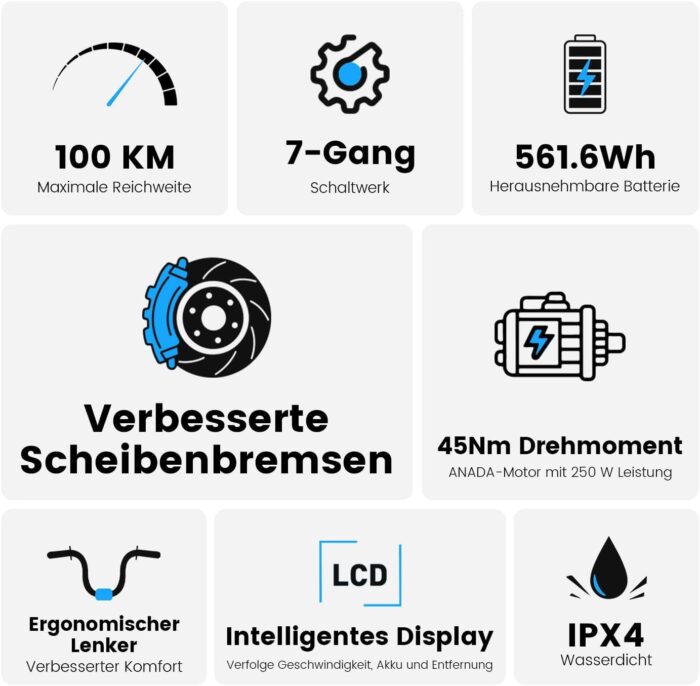 Elektrofahrrad 27,5 Zoll, Motor 250 W, Akku 36 V 15,6 Ah abnehmbar, Reichweite bis zu 100 km, 7 Gänge, LCD-Display, Unterstützung 25 km/h, maximale Belastung 120 kg, Unisex E-Bike Modell