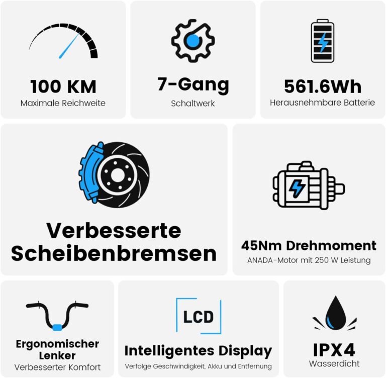 Elektrofahrrad 27,5 Zoll, Motor 250 W, Akku 36 V 15,6 Ah abnehmbar, Reichweite bis zu 100 km, 7 Gänge, LCD-Display, Unterstützung 25 km/h, maximale Belastung 120 kg, Unisex E-Bike Modell