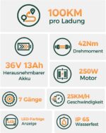 HillMiles MileCity1 26" E-Bike für Erwachsene, 7 Gang Elektrofahrrad mit Austauschbarem 36V 13Ah Akku, 25 km/h und 80–100km Reichweite E-Bike für Städtische Pendler, IP65 Wasserdicht