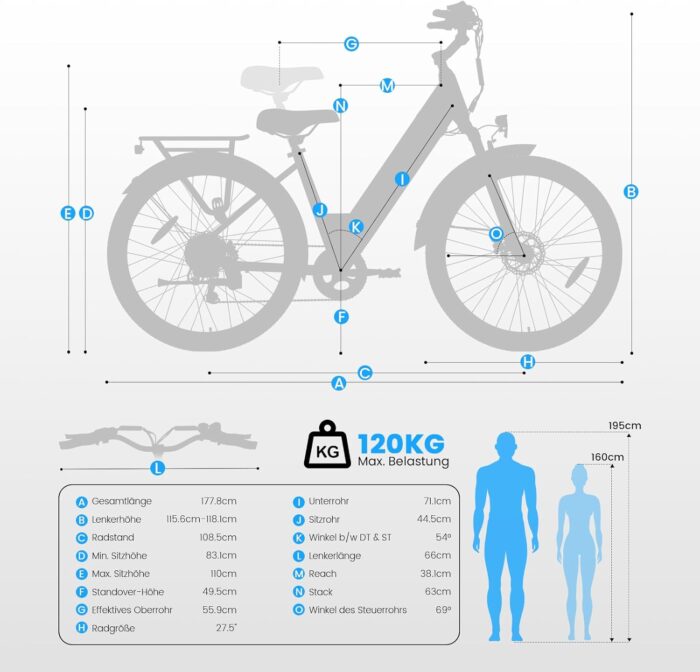Elektrofahrrad 27,5 Zoll, Motor 250 W, Akku 36 V 15,6 Ah abnehmbar, Reichweite bis zu 100 km, 7 Gänge, LCD-Display, Unterstützung 25 km/h, maximale Belastung 120 kg, Unisex E-Bike Modell
