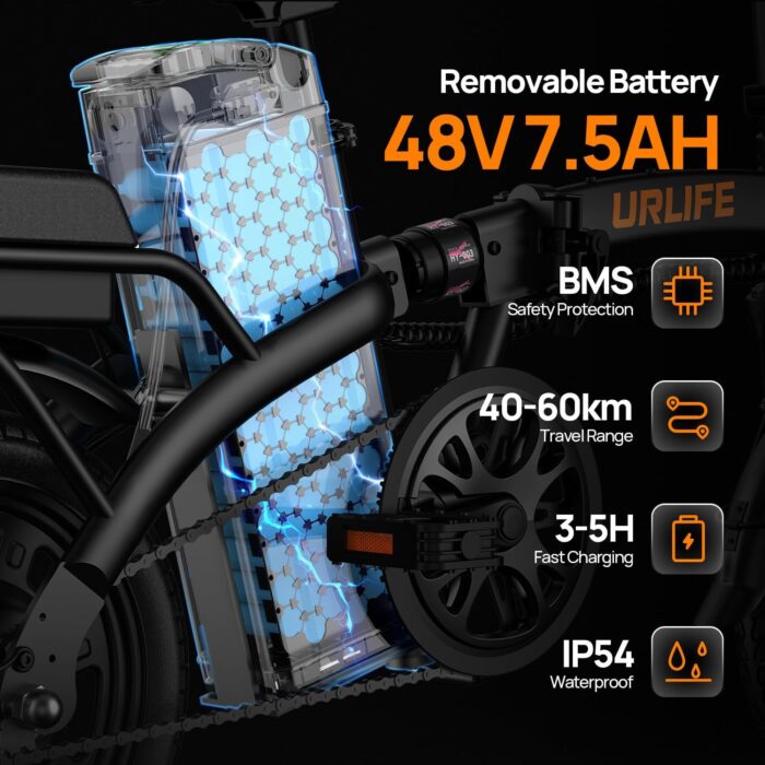 URLIFE E-Bike Klapprad 14", 48V 7.5Ah Austauschbarem Akku für Lange Reichweite bis 60KM, Elektrofahrrad 250W Motor, 3 Fahrmodi, Sitzhöhe Verstellbar, Falt-Pedelec ebike für Herren Damen