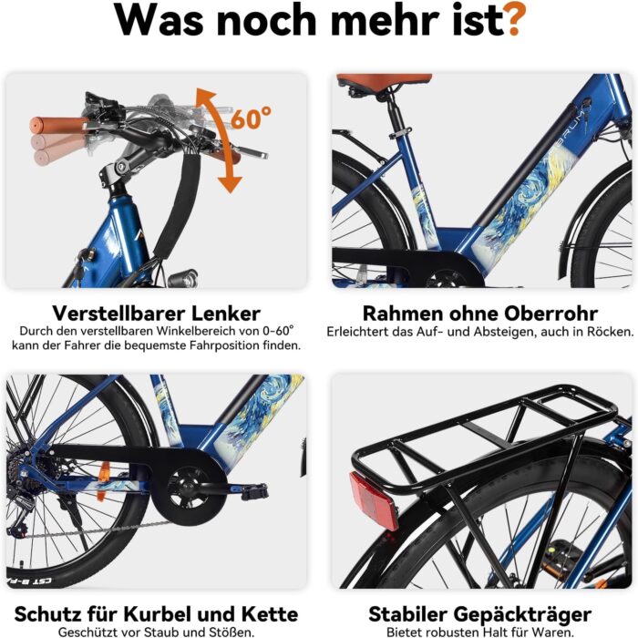 Hiland 26 Zoll 250W Elektrofahrrad, 7 Gang Elektrofahrrad für Männer Frauen mit Hartstahl Rahmen, Elektro Citybike mit 36V 7.8Ah/10.4Ah Akku, City Pendlerfahrrad für Erwachsene