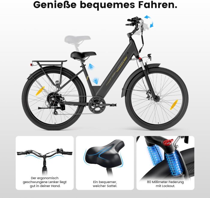 Elektrofahrrad 27,5 Zoll, Motor 250 W, Akku 36 V 15,6 Ah abnehmbar, Reichweite bis zu 100 km, 7 Gänge, LCD-Display, Unterstützung 25 km/h, maximale Belastung 120 kg, Unisex E-Bike Modell