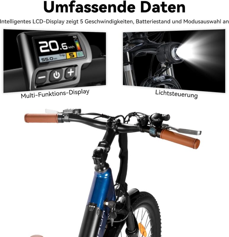 Hiland 26 Zoll 250W Elektrofahrrad, 7 Gang Elektrofahrrad für Männer Frauen mit Hartstahl Rahmen, Elektro Citybike mit 36V 7.8Ah/10.4Ah Akku, City Pendlerfahrrad für Erwachsene