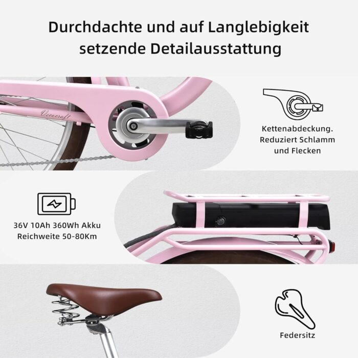 VecoCraft HEBE elektrofahrräder City E-Bike | ebike Damen 28 Zoll | 7-Gang-Shimano-Schaltung | Ananda Hinterer Motor 250W | EU-konformes für e Bike Herren und Damen