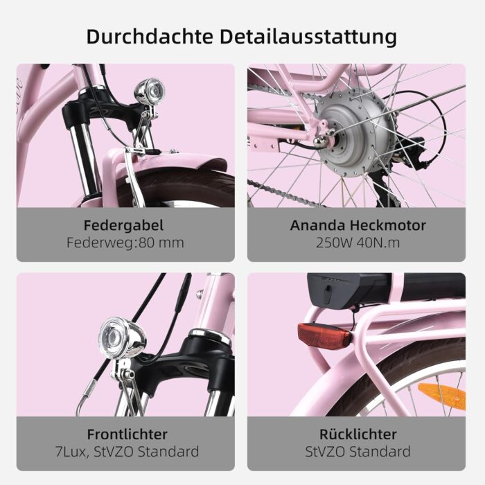 VecoCraft HEBE elektrofahrräder City E-Bike | ebike Damen 28 Zoll | 7-Gang-Shimano-Schaltung | Ananda Hinterer Motor 250W | EU-konformes für e Bike Herren und Damen