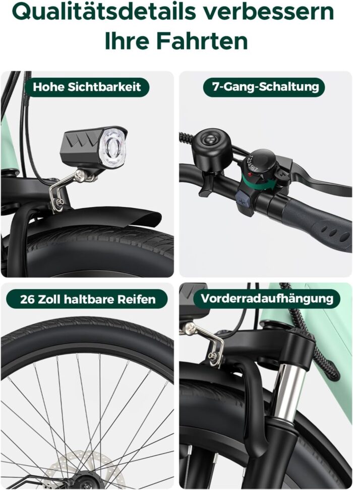 HillMiles MileCity1 26" E-Bike für Erwachsene, 7 Gang Elektrofahrrad mit Austauschbarem 36V 13Ah Akku, 25 km/h und 80–100km Reichweite E-Bike für Städtische Pendler, IP65 Wasserdicht
