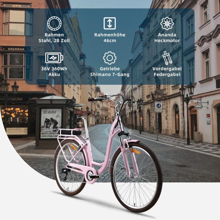 VecoCraft HEBE elektrofahrräder City E-Bike | ebike Damen 28 Zoll | 7-Gang-Shimano-Schaltung | Ananda Hinterer Motor 250W | EU-konformes für e Bike Herren und Damen