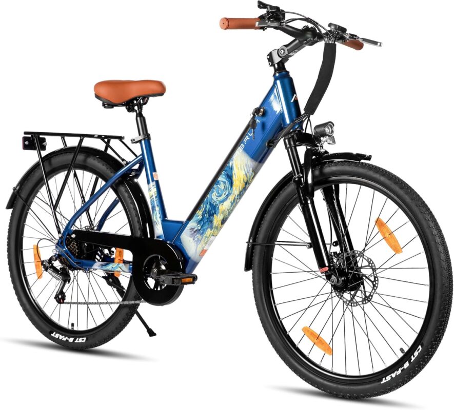 Hiland 26 Zoll 250W Elektrofahrrad, 7 Gang Elektrofahrrad für Männer Frauen mit Hartstahl Rahmen, Elektro Citybike mit 36V 7.8Ah/10.4Ah Akku, City Pendlerfahrrad für Erwachsene