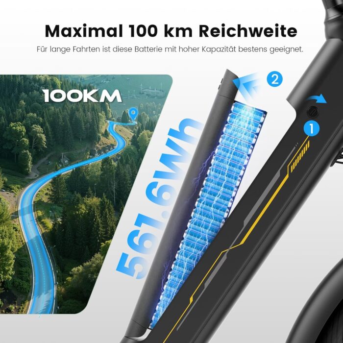Elektrofahrrad 27,5 Zoll, Motor 250 W, Akku 36 V 15,6 Ah abnehmbar, Reichweite bis zu 100 km, 7 Gänge, LCD-Display, Unterstützung 25 km/h, maximale Belastung 120 kg, Unisex E-Bike Modell